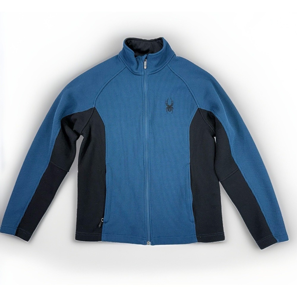 Spyder Core Sweater Jacket Mens M Blue Black Full Zip Waffle Knit Ski Outdoor